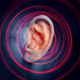 Close-up ear photo with circling red rings, tinnitus concept