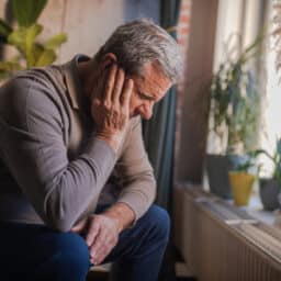 Man with an ear infection holding his ear